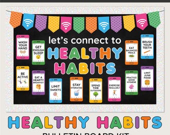 Healthy Habits Bulletin Board - Cellphone Theme Health Board Nurse Office Decor Printable Kit