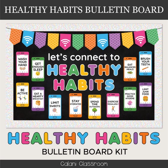 Healthy Habits Bulletin Board - Cellphone Theme Health Board Nurse Office Decor Printable Kit
