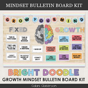 May include: A colourful bulletin board kit for classrooms with the words "Grow Your Mind" at the top. The kit includes two sections, "Fixed" and "Growth", with different phrases and statements about mindset. The kit is designed to help students develop a growth mindset.