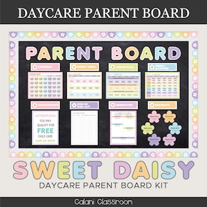 Può includere: Un kit per bacheca genitori per l'asilo nido con sfondo nero e accenti colorati. La bacheca include sezioni per calendario, menu settimanale, piano delle lezioni e annunci. Il testo "Sweet Daisy" è visualizzato in basso.