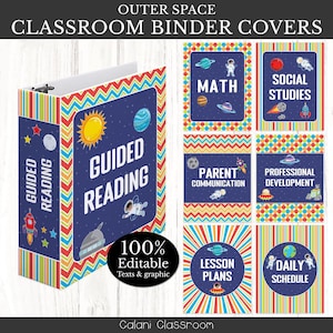 May include: A set of classroom binder covers with an outer space theme. The binders feature a navy blue background with planets, astronauts, and the words "Guided Reading." Additional covers include "Math," "Social Studies," and "Lesson Plans."