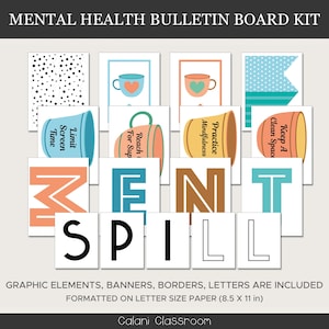 May include: A printable bulletin board kit for mental health awareness. The kit includes colorful letters spelling "MENTAL" and "SPILL", along with images of teacups and motivational phrases like "Practice Mindfulness" and "Reach Out For Support".