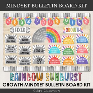May include: A rainbow-coloured sunburst design with the words "Grow Your Mind" in a banner above. The words "Fixed" and "Growth" are in separate banners below the sunburst. There are 12 cards with positive affirmations for a growth mindset, such as "I can always improve and make it better" and "I will learn how to do it".