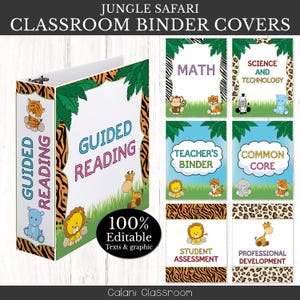 May include: A set of classroom binder covers with a jungle safari theme. The binders feature illustrations of animals like lions, giraffes, and tigers. The text includes "Guided Reading," "Math," "Science and Technology," and "Teacher's Binder."