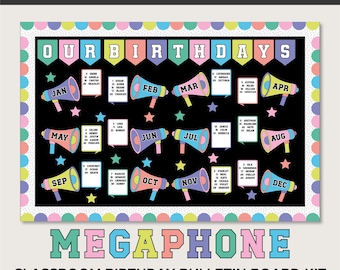Birthday Bulletin Board For Classroom Decor in Varsity Megaphone Theme - Editable Digital Download)