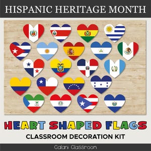 May include: A display of heart-shaped flags representing Hispanic countries, set against a light wood-effect backdrop. The image is part of a classroom decoration kit, with text reading "Hispanic Heritage Month" and "Heart Shaped Flags".