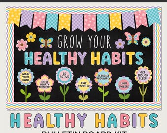 Healthy Habits Bulletin Board in Spring Flower Theme, Nurse Office Decor, Editable Digital Download