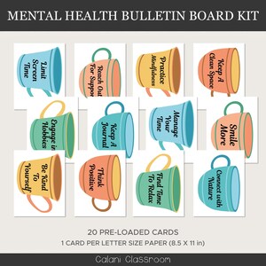 May include: Twenty colorful cards with a mug design featuring mental health tips. Each card has a different color and features a different tip, such as "Limit Screen Time", "Practice Mindfulness", "Keep A Journal", and "Be Kind To Yourself".