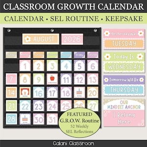 May include: A black classroom pocket chart calendar for August 2026 with colorful cards for dates, days of the week, and mindset anchors. The calendar features numbered squares, icons for special events, and text labels including Yesterday Was, Today Is, Tomorrow Will Be, and Our Mindset Anchor I Belong Here.