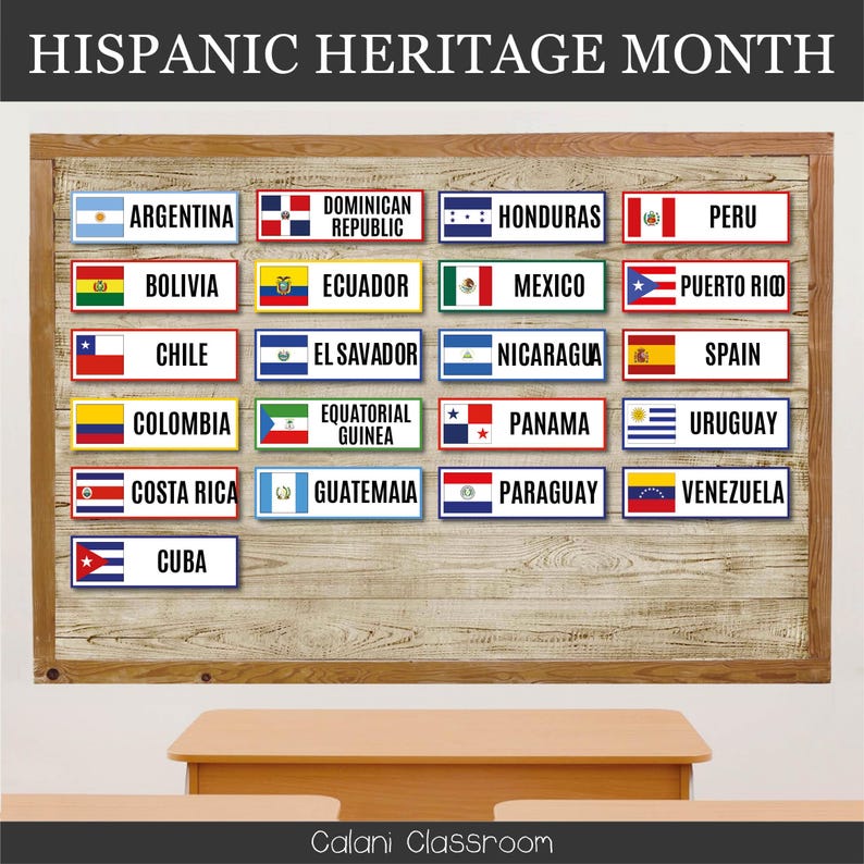 May include: A wooden board displays rectangular nameplates with flags representing various Latin American countries. The text "HISPANIC HERITAGE MONTH" is at the top. The nameplates include Argentina, Bolivia, Chile, Colombia, Costa Rica, Cuba, and others.