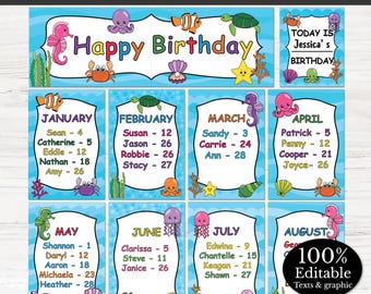 Birthday Bulletin Board For Classroom Decor in Ocean Theme (Editable - Digital Download)