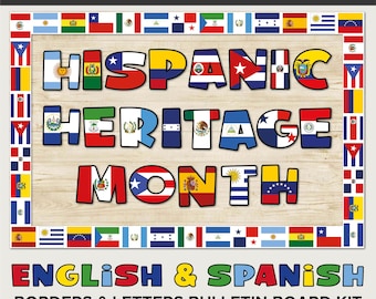 May include: A bulletin board kit for Hispanic Heritage Month. The words "HISPANIC HERITAGE MONTH" are displayed in colorful letters, each decorated with flags. The kit includes borders and letters in English and Spanish. The background is a light wood grain.