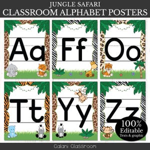 Póster del alfabeto para decorar el aula, temática de safari, plantilla editable del alfabeto, póster del alfabeto de la jungla, decoración de guardería de safari