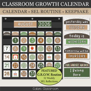 May include: A classroom growth calendar set featuring a black pocket chart with August 2026 date cards, number cards, and daily routine labels. The set includes cards for yesterday, today, and tomorrow, plus a mindset anchor card reading I Belong Here.