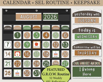Neutral Calendar Display and Affirmation Cards | SEL Reflection Routine with Growth Journal | End of Year Keepsake | Digital Download