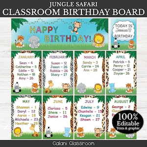May include: A colorful classroom birthday board with a jungle safari theme. The board features the text "Happy Birthday!" and includes a section for each month with student names and birthdays. The design includes animal illustrations.