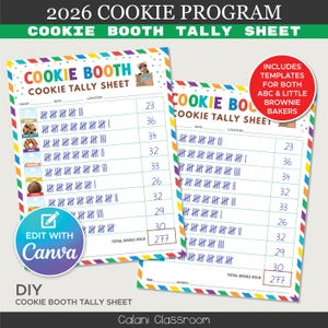 Peut inclure: Deux modèles colorés de "Cookie Booth Tally Sheet" avec des bordures arc-en-ciel. Les feuilles comprennent des espaces pour la troupe, la date, le lieu et des marques de pointage pour les ventes de biscuits. Le texte "Edit with Canva" est visible. Les feuilles sont pour le programme de biscuits 2026.
