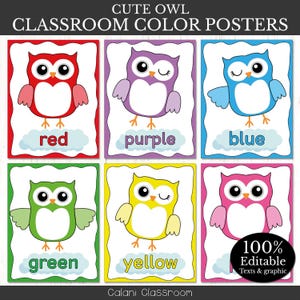 Peut inclure: Six affiches de classe colorées avec des hiboux de dessins animés. Chaque hibou est d'une couleur différente : rouge, violet, bleu, vert, jaune et rose. Le nom de la couleur est écrit sous chaque hibou. Les affiches sont intitulées "CUTE OWL CLASSROOM COLOR POSTERS".