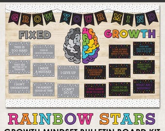 Kit per bacheca sulla mentalità di crescita, decorazione per la classe con stelle arcobaleno, cambia la tua mentalità, fai crescere la tua mente, bacheca motivazionale, muro delle affermazioni