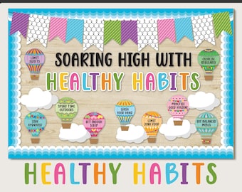 Healthy Habits Bulletin Board Kit, Healthy Habits School, Classroom Bulletin Board, Office Decor, Nurse Office Decor, Hot Air Balloons Decor