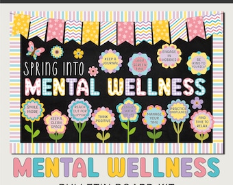 Mental Health Bulletin Board Kit, Spring Into Mental Wellness Display, Editable Instant Download