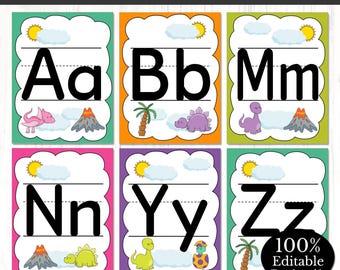 Póster del alfabeto para decorar el aula, tema de dinosaurios, plantilla editable para póster del ABC, póster de pared con el alfabeto de dinosaurios, decoración de guardería