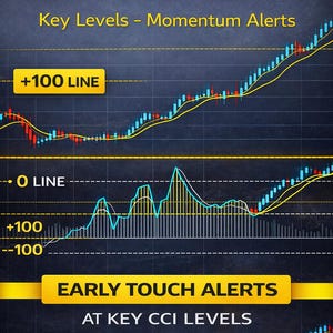 May include: A dark background with financial data charts and the text "MT4 CCI HISTOGRAM ALERTS". The image includes key levels, momentum alerts, and early touch alerts. The chart displays lines and bars in blue, yellow, and red.
