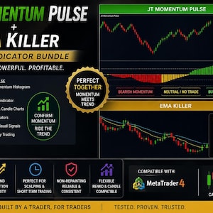 Op de afbeelding: Een promotionele afbeelding voor een MT4 indicatorpakket, met "JT Momentum Pulse" en "EMA Killer." Het ontwerp bevat grafieken, diagrammen en tekst die functies zoals trendhelderheid en momentumbevestiging benadrukken. Het kleurenschema is voornamelijk zwart, groen en rood.