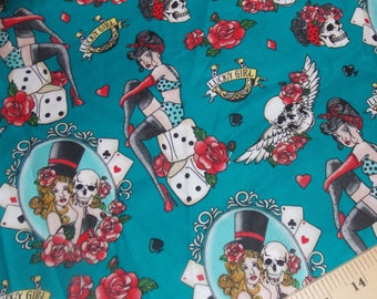 Tattoo Cotton fabric -By the FQ or 1/2 yard - Skull Fabric - Lucky Girl Tattoo Skull Roses Dice Cotton Fabric  100% Cotton material
