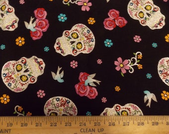Sugar Skulls Cotton Fabric - Glitter fabric - Day of the Dead Fabric - Skulls on black fabric - By the FQ or 1/2 yard