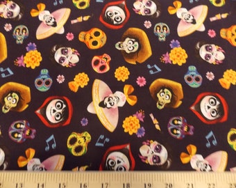 May include: A black fabric with a repeating pattern of colorful sugar skulls, flowers, and characters from the movie Coco. The characters include Miguel, Hector, and Mama Imelda. The fabric is perfect for crafting projects, such as quilts, pillows, and bags.