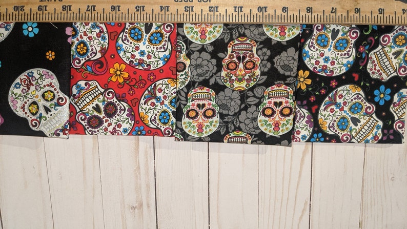 Sugar Skull Fabric Set of 4 - Day of the Dead Cotton Fabric - Fat ...