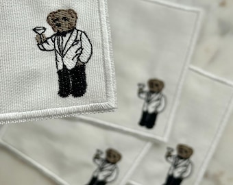 Tuxedo Bear Martini Embroidered Cocktail Coasters Napkins, Anthropologie style coasters, aesthetic dinner party hosting gift, Gatsby meme
