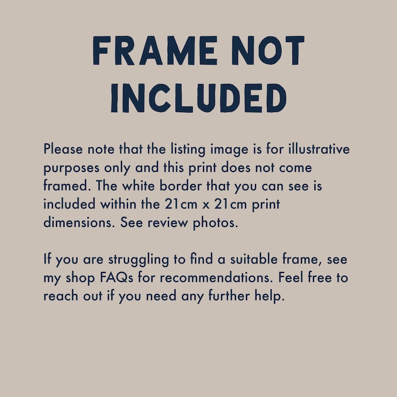 Puede incluir: Texto que dice "MARCO NO INCLUIDO". El texto explica que la imagen de la lista es solo para fines ilustrativos y que la impresi&oacute;n no viene enmarcada. El borde blanco est&aacute; incluido dentro de las dimensiones de la impresi&oacute;n de 21 cm x 21 cm. Consulte las fotos de las rese&ntilde;as para obtener m&aacute;s informaci&oacute;n.