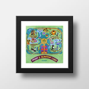 Die Simpsons Itchy and Scratch Land Karte Druck, Poster Aquarell Illustration Druck Wandkunst, Simpsons Disneyland Karte | 21x21cm