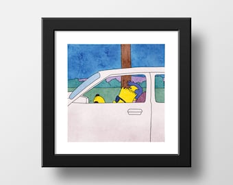 Die Simpsons Bart Unterwegs Aquarell Druck, Malerische Simpsons, Bart Simpson Auto Poster Aquarell Illustration Druck Wandkunst | 21x21cm