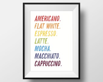 Rainbow print for kitchen, pasta, coffee, tea, roast potatoes, cheese, A4 typography print