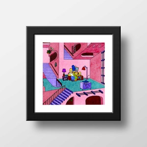Impresión de acuarela con ilustración de póster de Los Simpsons, parodia de Escher, mordaza de sofá, arte de pared, Los Simpsons escénicos / 21 x 21 cm