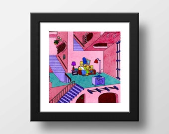 Die Simpsons Escher Parodie Couch Gag Druck, Poster Aquarell Illustration Druck Wandkunst, Malerische Simpsons | 21x21cm