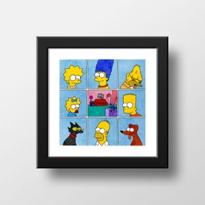 The Simpsons Brady Bunch Couch Gag Print, Poster Watercolor Illustration Print Wall Art, Simpsons Couch Gags Parody | 21x21cm