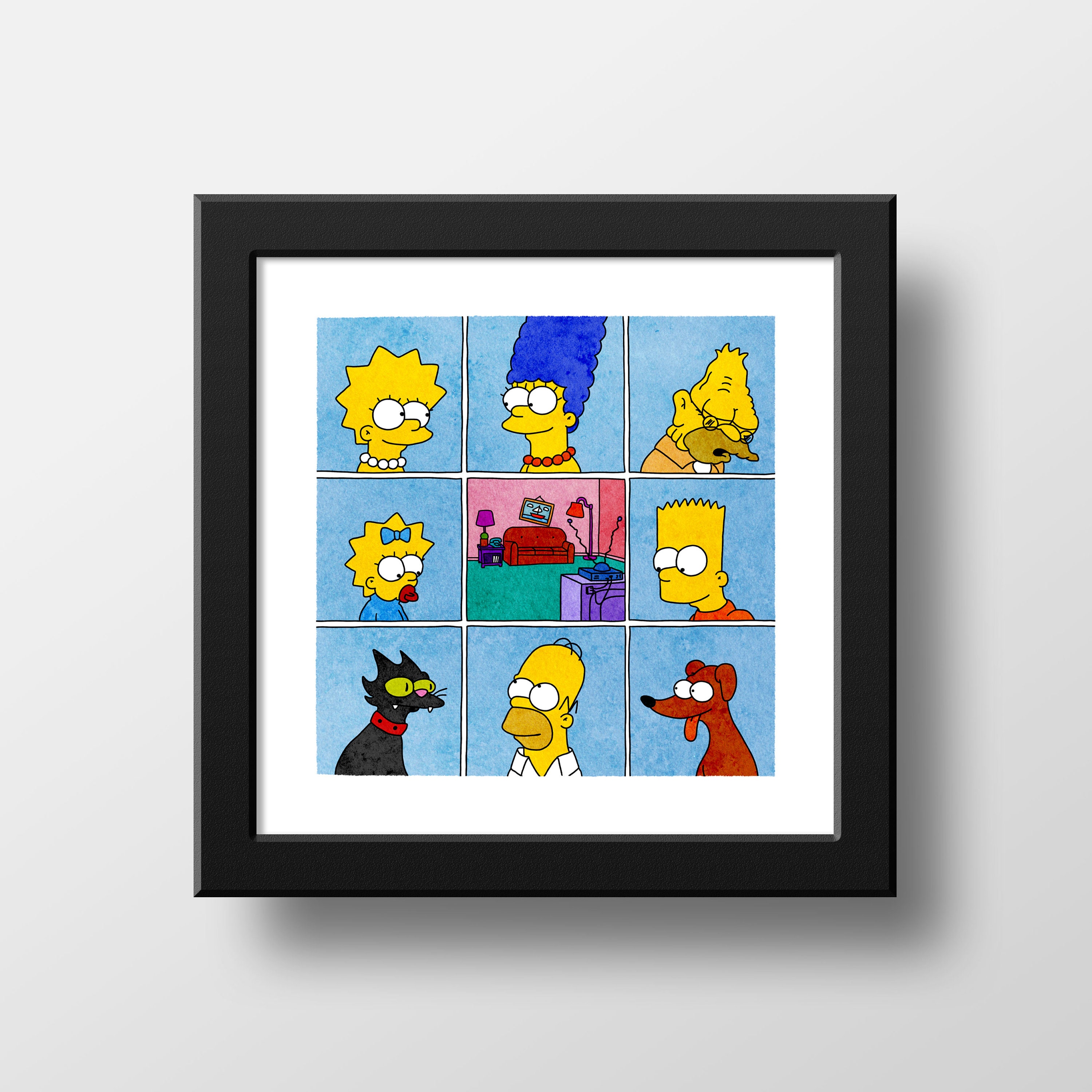 The Simpsons Brady Bunch Couch Gag Print, Poster Watercolor Illustration Print Wall Art, Simpsons Couch Gags Parody | 21x21cm