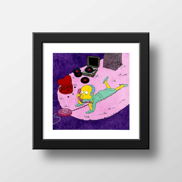 The Simpsons Mr Burns Call Me Valentines Print, Poster Watercolor Illustration Print Wall Art, Simpsons Memes, Pink Aesthetic | 21x21cm