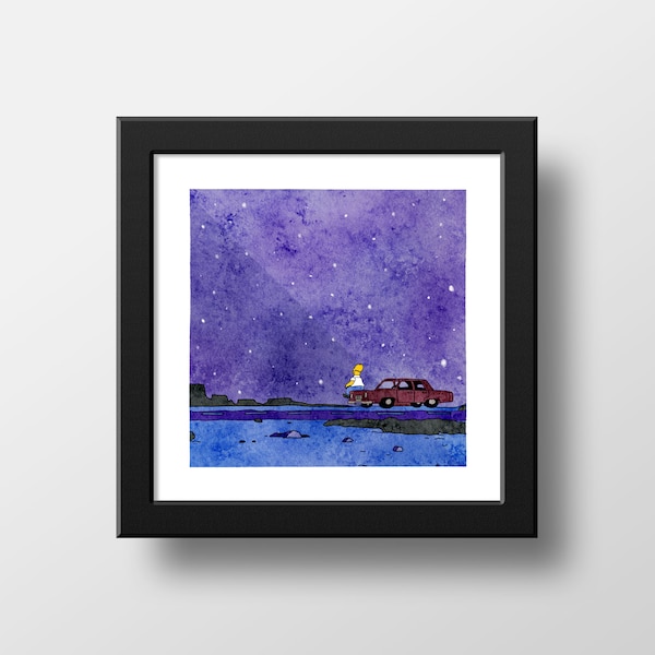 The Simpsons Mother Simpson Watercolour Print, Scenic Simpsons, Homer Simpson Sky Poster Watercolor Illustration Print Wall Art | 21x21cm