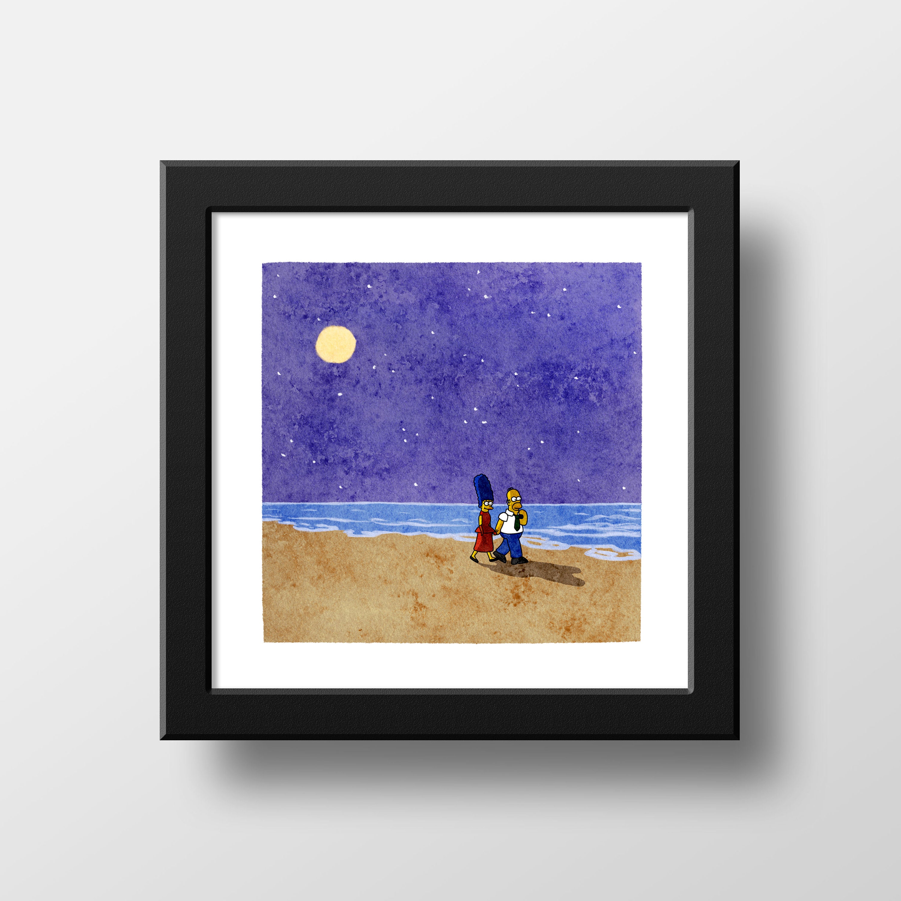 The Simpsons And Maggie Makes Three Print, Poster Watercolor Illustration Print Wall Art, Homer and Marge Love, Simpsons love, | 21x21cm