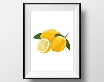 Lemons Illustration Citrus Fruit Botanical Gouache Painting Food Print, Kitchen A4 Prints Poster Wall Art, Minimal Food Print