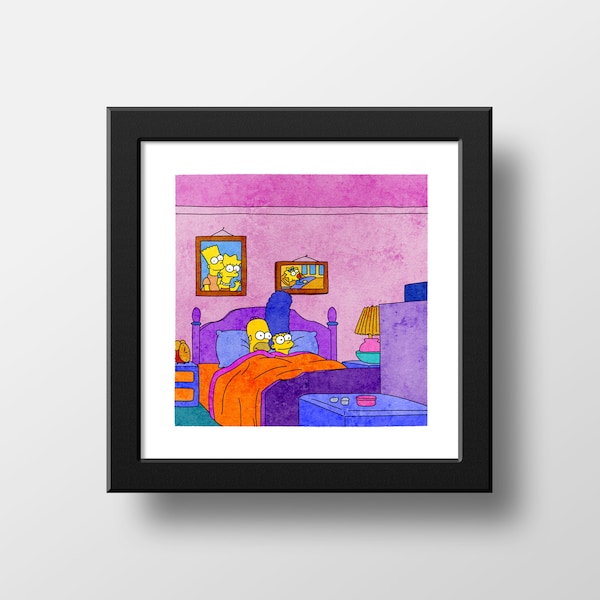 Impresión de amor de Homer y Marge de Los Simpson, póster con ilustración de acuarela, arte de pared, La elección de Selma, El amor de Los Simpson, conmovedor / 21 x 21 cm