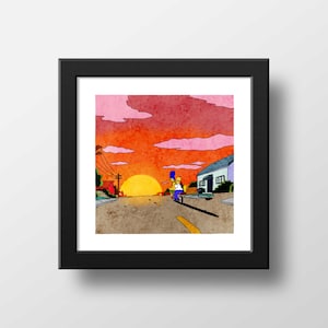 Impresión de la puesta de sol de Homer y Marge de Los Simpson, póster con ilustración de acuarela, arte de pared, Los Simpson escénicos, 21 x 21 cm