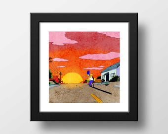 The Simpsons Homer and Marge Sunset Print, Poster Watercolor Illustration Print Wall Art, Scenic Simpsons | 21x21cm