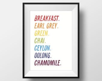 Rainbow print for kitchen, pasta, coffee, tea, roast potatoes, cheese, A4 typography print