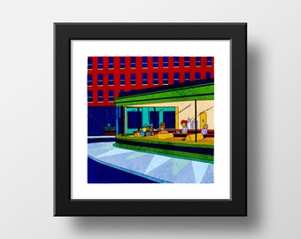 The Simpsons Nighthawk Diner Print, Scenic Simpsons Edward Hopper Nighthawks Parody, Poster Watercolor Illustration Print Wall Art | 21x21cm